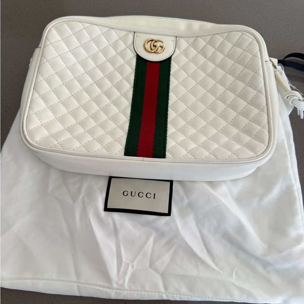 Gucci White Quilted Leather Crossbody with Green-Red Web and Gold GG
